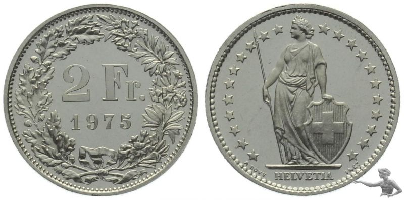 2 Franken 1975 | Prachtstück aus Kursmünzensatz !!!